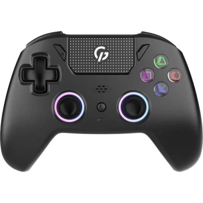 Геймпад GamePro GPS20B, Black, бездротовий (Bluetooth 5.3 / USB 2.4GHz / Type-C), для ПК / PS3 / PS4 / PS5 / Switch / Android / iOS, 14 кнопок / 2 аналогові стіки / D-Pad / тачпад, вібрація, RGB підсвічування, акумулятор 1000 mAh