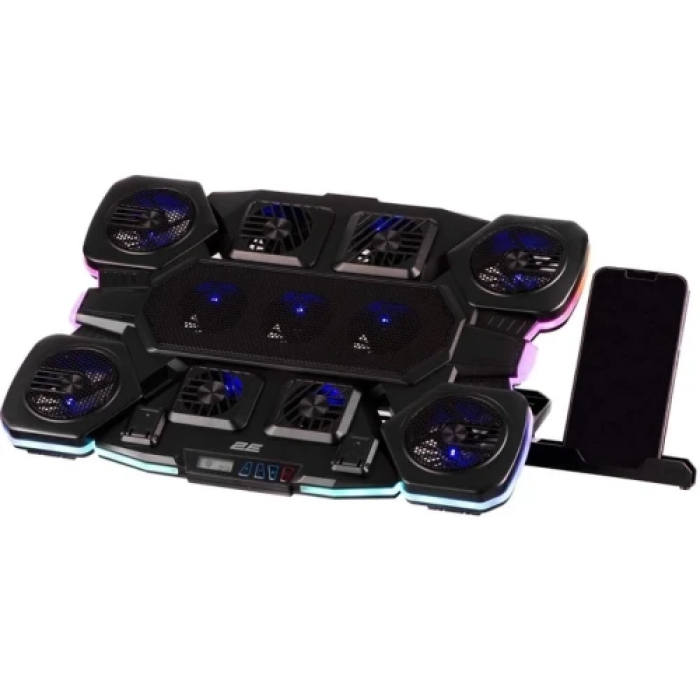 Підставка для ноутбука до 17.3" 2E GAMING CPG-011, Black, 4x7 см / 5x6 см / 2x5 см вентилятори, RGB-підсвічування (10 режимів), 1xType-C / 1xUSB, 7-ступінчасте регулювання висоти, LCD дисплей, 422х310х40 мм, 1.25 кг (2E-CPG-011)
