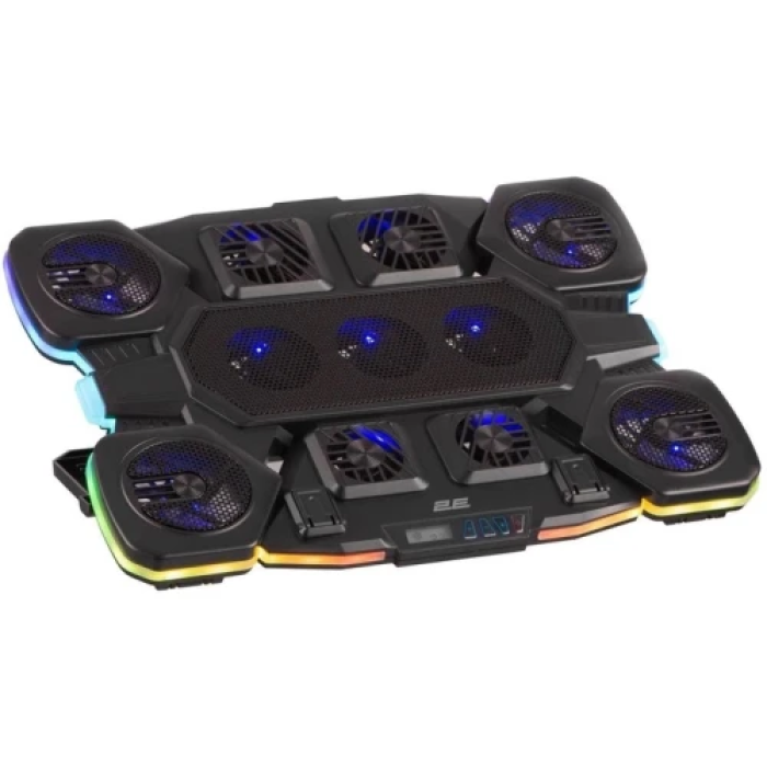 Підставка для ноутбука до 17.3" 2E GAMING CPG-011, Black, 4x7 см / 5x6 см / 2x5 см вентилятори, RGB-підсвічування (10 режимів), 1xType-C / 1xUSB, 7-ступінчасте регулювання висоти, LCD дисплей, 422х310х40 мм, 1.25 кг (2E-CPG-011)