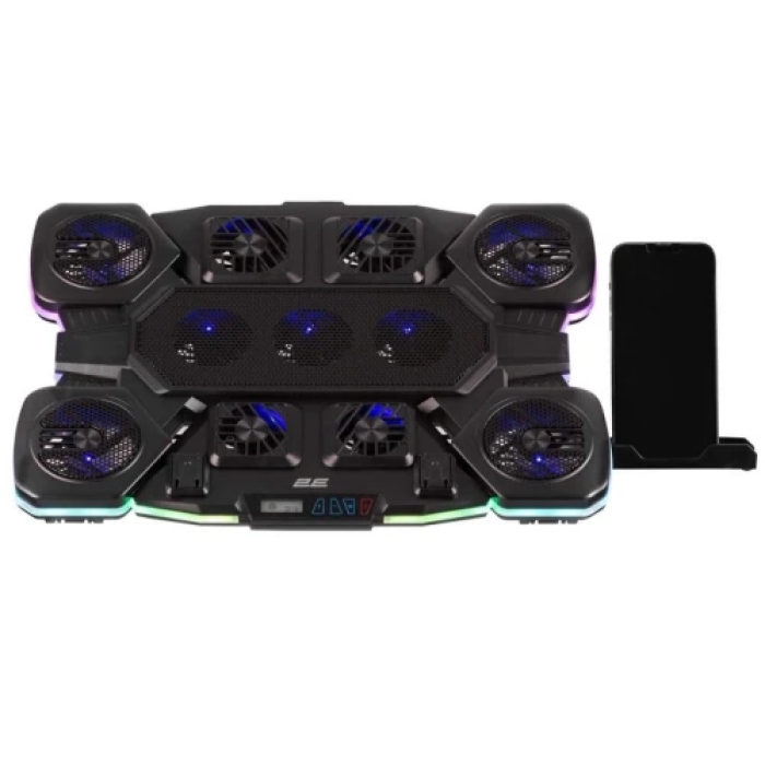 Підставка для ноутбука до 17.3" 2E GAMING CPG-011, Black, 4x7 см / 5x6 см / 2x5 см вентилятори, RGB-підсвічування (10 режимів), 1xType-C / 1xUSB, 7-ступінчасте регулювання висоти, LCD дисплей, 422х310х40 мм, 1.25 кг (2E-CPG-011)