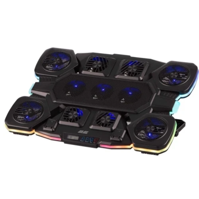 Підставка для ноутбука до 17.3" 2E GAMING CPG-011, Black, 4x7 см / 5x6 см / 2x5 см вентилятори, RGB-підсвічування (10 режимів), 1xType-C / 1xUSB, 7-ступінчасте регулювання висоти, LCD дисплей, 422х310х40 мм, 1.25 кг (2E-CPG-011)