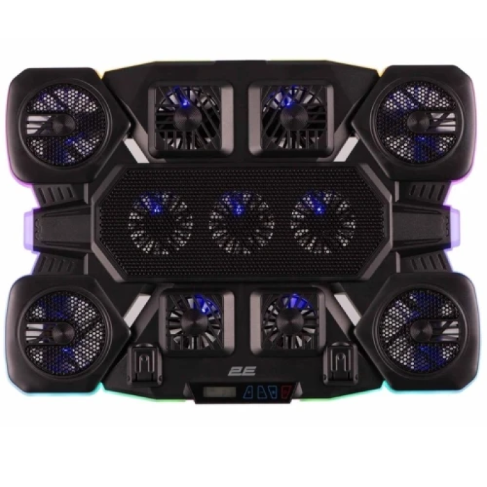 Підставка для ноутбука до 17.3" 2E GAMING CPG-011, Black, 4x7 см / 5x6 см / 2x5 см вентилятори, RGB-підсвічування (10 режимів), 1xType-C / 1xUSB, 7-ступінчасте регулювання висоти, LCD дисплей, 422х310х40 мм, 1.25 кг (2E-CPG-011)