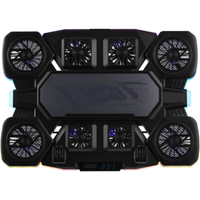 Підставка для ноутбука до 17.3" 2E GAMING CPG-012, Black, 4x7 см / 5x6 см / 2x5 см вентилятори, RGB-підсвічування (10 режимів), 1xType-C, 7-ступінчасте регулювання висоти, LCD дисплей, 422х310х40 мм, 1.25 кг (2E-CPG-012)