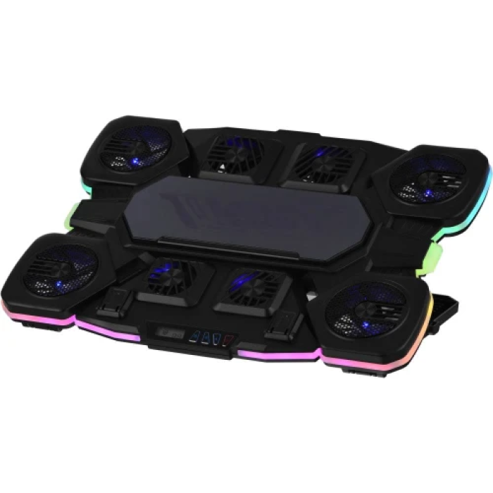 Підставка для ноутбука до 17.3" 2E GAMING CPG-012, Black, 4x7 см / 5x6 см / 2x5 см вентилятори, RGB-підсвічування (10 режимів), 1xType-C, 7-ступінчасте регулювання висоти, LCD дисплей, 422х310х40 мм, 1.25 кг (2E-CPG-012)