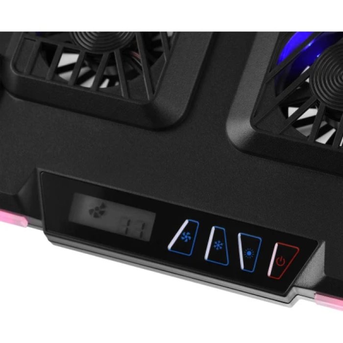 Підставка для ноутбука до 17.3" 2E GAMING CPG-012, Black, 4x7 см / 5x6 см / 2x5 см вентилятори, RGB-підсвічування (10 режимів), 1xType-C, 7-ступінчасте регулювання висоти, LCD дисплей, 422х310х40 мм, 1.25 кг (2E-CPG-012)