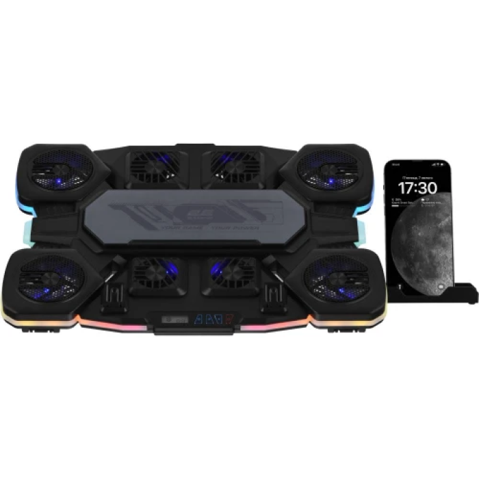 Підставка для ноутбука до 17.3" 2E GAMING CPG-012, Black, 4x7 см / 5x6 см / 2x5 см вентилятори, RGB-підсвічування (10 режимів), 1xType-C, 7-ступінчасте регулювання висоти, LCD дисплей, 422х310х40 мм, 1.25 кг (2E-CPG-012)