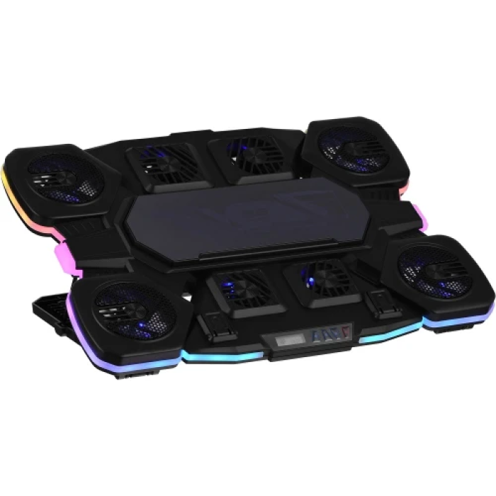 Підставка для ноутбука до 17.3" 2E GAMING CPG-012, Black, 4x7 см / 5x6 см / 2x5 см вентилятори, RGB-підсвічування (10 режимів), 1xType-C, 7-ступінчасте регулювання висоти, LCD дисплей, 422х310х40 мм, 1.25 кг (2E-CPG-012)