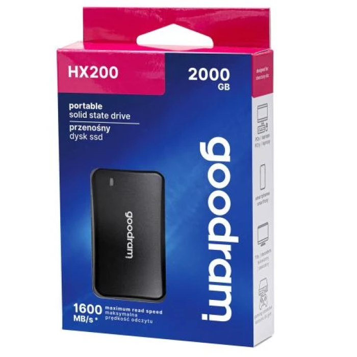 Зовнішній накопичувач SSD, 2Tb, Goodram HX200, Black, Type-C 3.2 (Gen 2), 1600 / 1500 Мб/с (SSDPR-HX200-2K0)