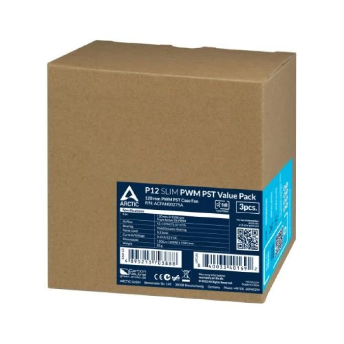 Вентилятор 120 мм, Arctic P12 Slim PWM PST, Black, 3 шт, 120х120х15 мм, 200-2100 об/хв, 4-pin (PWM, 40 см), гідравлічний підшипник (ACFAN00275A)