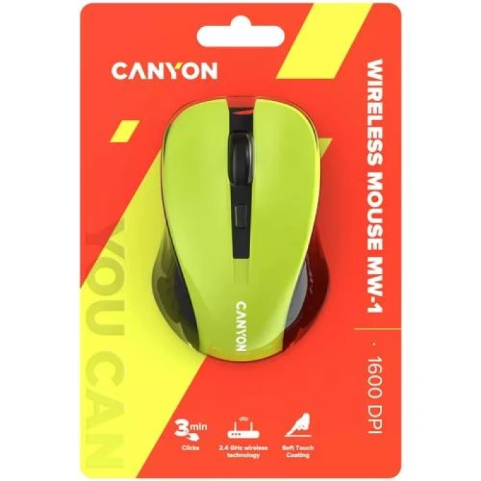 Миша бездротова Canyon MW-1, Yellow/Black, USB (2.4 GHz), оптична, 800/1200/1600 dpi, 4 кнопки, покриття SoftTouch, до 5 м, 2xAAA (CNE-CMSW1Y)