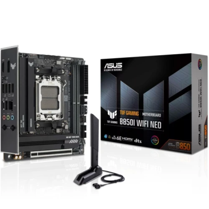 Материнська плата AM5 Asus TUF GAMING B850I WIFI NEO, B850, 2xDDR5, Int.Video (CPU), 2xSATA3, 2xM.2, 1xPCI-E 5.0 x16, ALC1220P, Realtek 2.5Gb, WiFi 6E, Bluetooth 5.3, 6xUSB 3.2 / 4xUSB 2.0, HDMI/DP, Mini-ITX