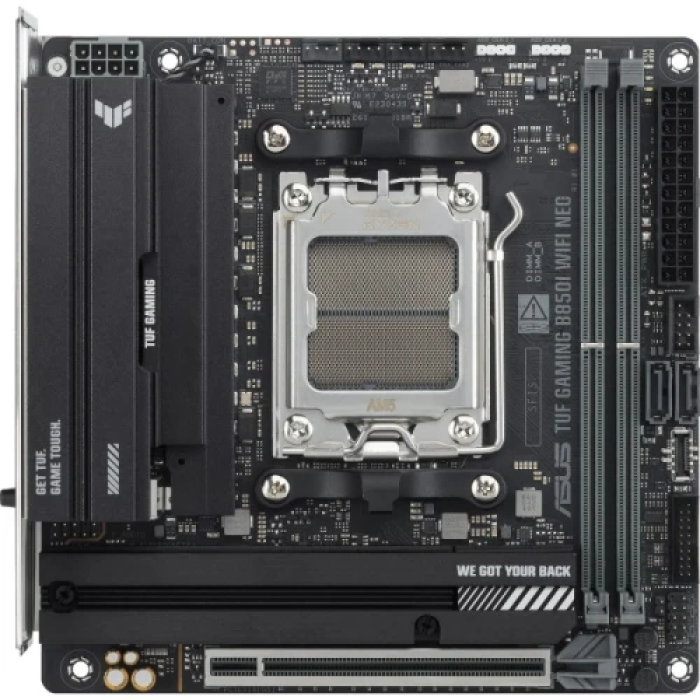 Материнська плата AM5 Asus TUF GAMING B850I WIFI NEO, B850, 2xDDR5, Int.Video (CPU), 2xSATA3, 2xM.2, 1xPCI-E 5.0 x16, ALC1220P, Realtek 2.5Gb, WiFi 6E, Bluetooth 5.3, 6xUSB 3.2 / 4xUSB 2.0, HDMI/DP, Mini-ITX