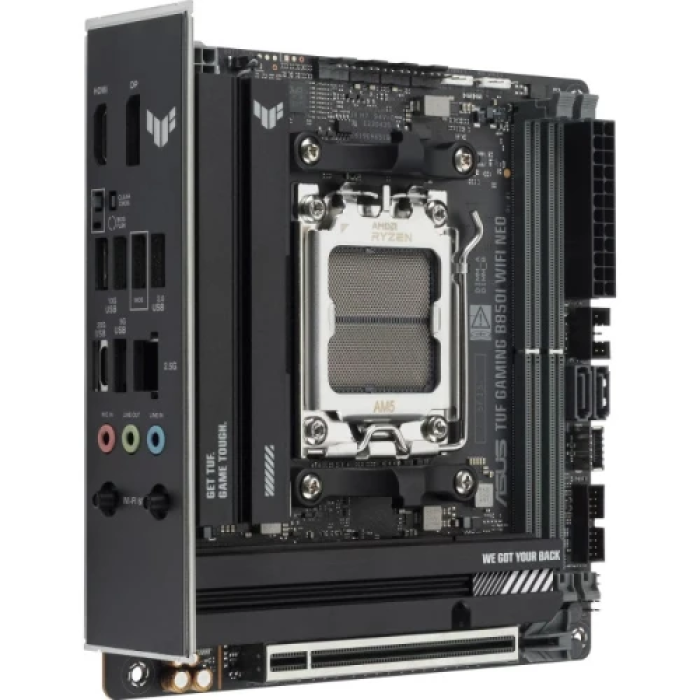 Материнська плата AM5 Asus TUF GAMING B850I WIFI NEO, B850, 2xDDR5, Int.Video (CPU), 2xSATA3, 2xM.2, 1xPCI-E 5.0 x16, ALC1220P, Realtek 2.5Gb, WiFi 6E, Bluetooth 5.3, 6xUSB 3.2 / 4xUSB 2.0, HDMI/DP, Mini-ITX
