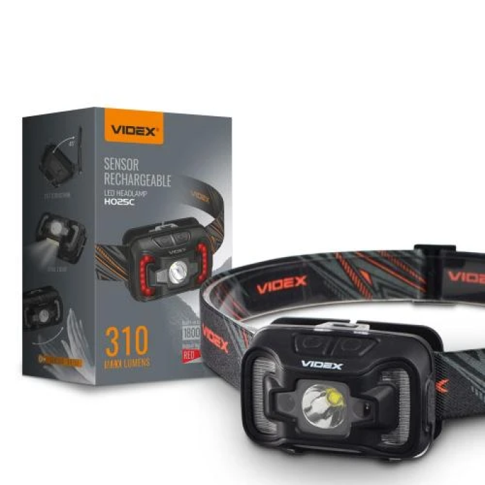 Ліхтар налобний Videx H025C, Black, 310 лм, 5000K, до 74 м, 7 режимів роботи, світлодіод CREE XTE 5W + COB, акумулятор (1800 mAh, незнімний), IP65, 96 г (VLF-H025C)