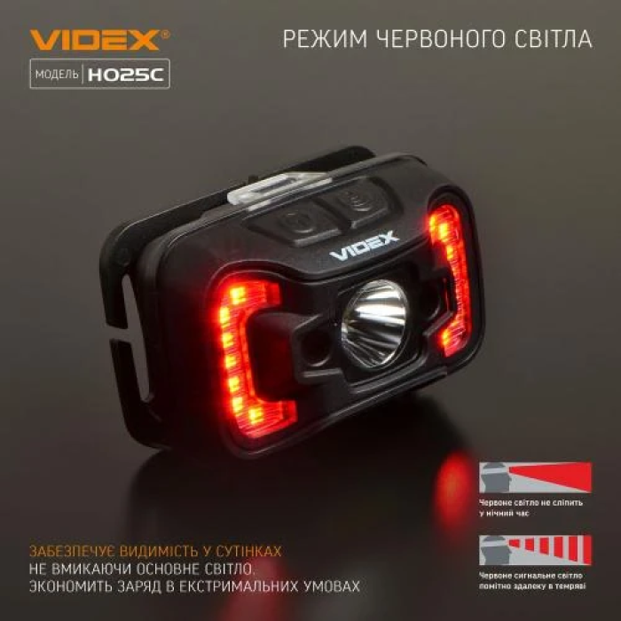 Ліхтар налобний Videx H025C, Black, 310 лм, 5000K, до 74 м, 7 режимів роботи, світлодіод CREE XTE 5W + COB, акумулятор (1800 mAh, незнімний), IP65, 96 г (VLF-H025C)