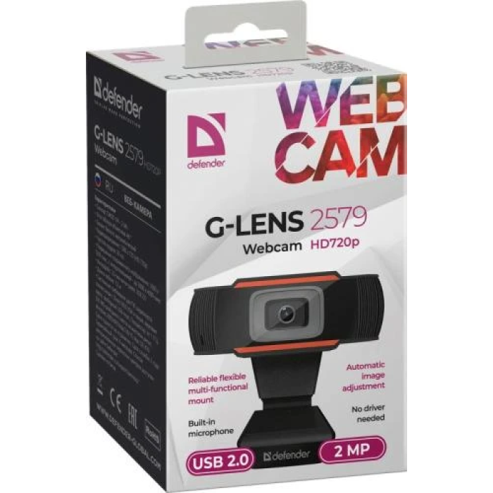 Веб-камера Defender G-Lens 2579, Black, 1280x720 / 30 fps, мікрофон, кут огляду 48°, універсальне кріплення, USB, 1.2 м (63179)