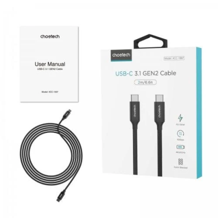 Кабель Type-C - Type-C, 2 м, Black, Choetech, 100 Вт, 5A, Thunderbolt 3 (XCC-1007-V2-BK)