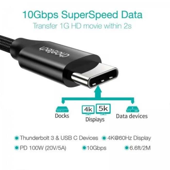 Кабель Type-C - Type-C, 2 м, Black, Choetech, 100 Вт, 5A, Thunderbolt 3 (XCC-1007-V2-BK)