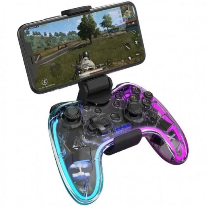 Геймпад Xtrike-Me GP-52, Transparent, бездротовий (Bluetooth), Switch / PS4 / PS3 / PC / Android / iOS, 17 кнопок, вібрація, LED підсвічування, акумулятор 800 mAh, Type-C