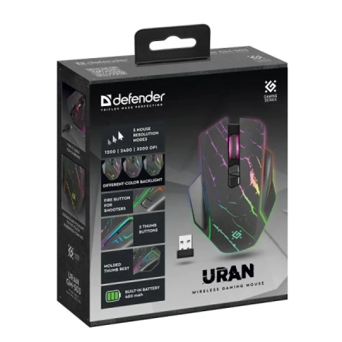 Миша бездротова Defender Uran GM-503, Black, USB 2.4GHz, оптична, 1200 - 3200 dpi, 10G, 40 IPS, LED підсвічування, 5 програмованих кнопок, акумулятор (52503)
