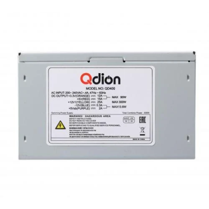 Блок живлення 400 Вт, Qdion QD400, 12 см, 3xMolex / 2xSATA / 1x20+4-pin / 1x4-pin, ATX 2.3