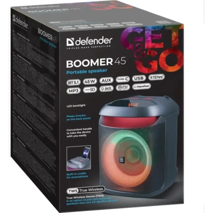 Колонка портативна Defender Boomer 45, Black, 45 Вт, Bluetooth 5.1, MP3, FM, USB, microSD, AUX, 3600 mAh (65245)