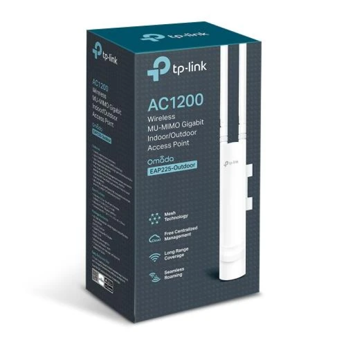 Точка доступу TP-LINK EAP225-Outdoor, White, 2,4 GHz / 5 GHz до 1200 Мбит/с (2x2 MU-MIMO), 1xGlan (802.3af PoE), всепогодний корпус (IP65), 215 × 46 × 27 мм