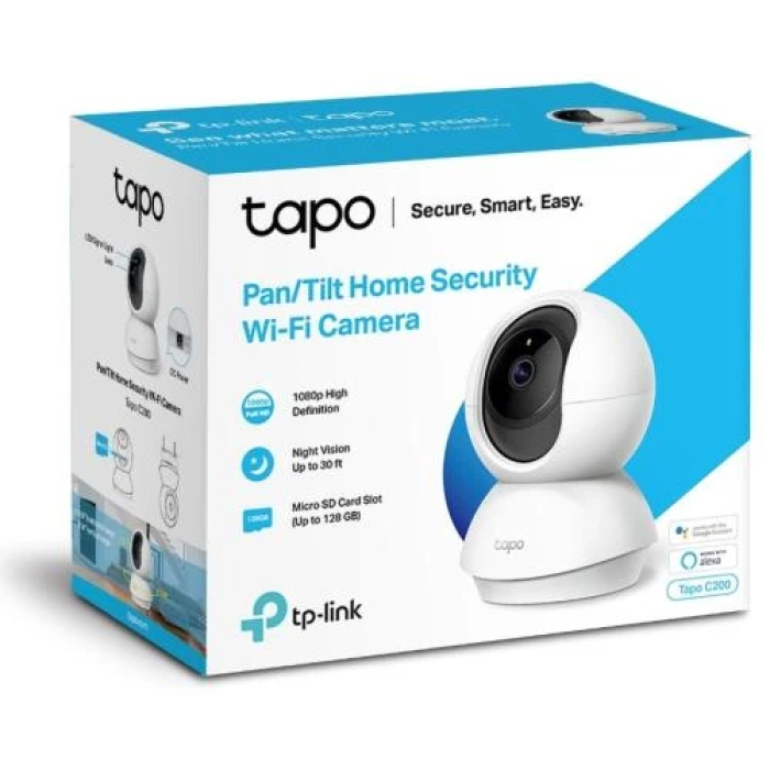 IP камера TP-Link Tapo C200, White, 2 Мп(1920x1080/15 fps), 1/2.8"CMOS,H.264, f/2.4, f=4 мм,WiFi (2.4 GHz), кут огляду до 360°/ 114° по горизонталі/вертикалі, день/ніч,ІЧ-підсвічування 850 нм до 9 м,двосторонній аудіозв'язок,microSD, iOS 10+ / Androi