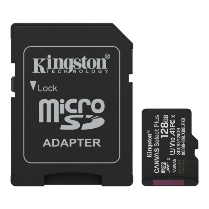 Карта пам'яті microSDXC, 128Gb, Kingston Canvas Select Plus, Class10 UHS-I U1 V10 А1, SD адаптер, до 150 МБ/с (SDCS3/128GB)