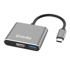 Хаб USB ColorWay "3-in-1", Grey, Type-C 3.0 - 1xType-C 3.0 (100 Вт) / 1xUSB 3.0 / HDMI 4K, кабель 17 см, алюмінієвий корпус (CW-HUB08)