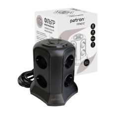 Фільтр мережевий Patron, 8 розеток, 3 м, Black, 2xType-C (20 Вт + 2.4A) / 2xUSB (3.1A), 16А, до 4 кВт, вимикач, заземлення, 3x1.5 мм² (SP-1683-USBT)