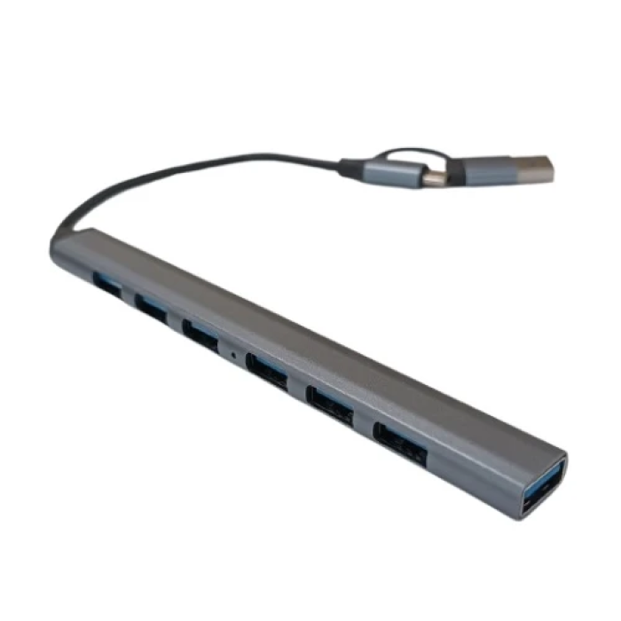 Хаб USB Dynamode "7-in-1", Grey, Type-C / USB 3.0 - 1xUSB 3.0 / 6xUSB 2.0, кабель 12 см, алюмінієвий корпус (DM-UH-701AC)