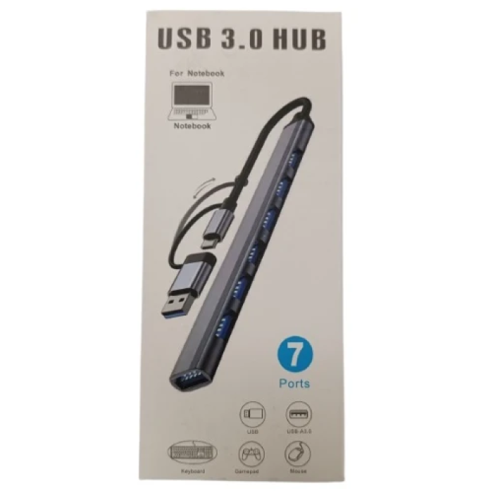 Хаб USB Dynamode "7-in-1", Grey, Type-C / USB 3.0 - 1xUSB 3.0 / 6xUSB 2.0, кабель 12 см, алюмінієвий корпус (DM-UH-701AC)
