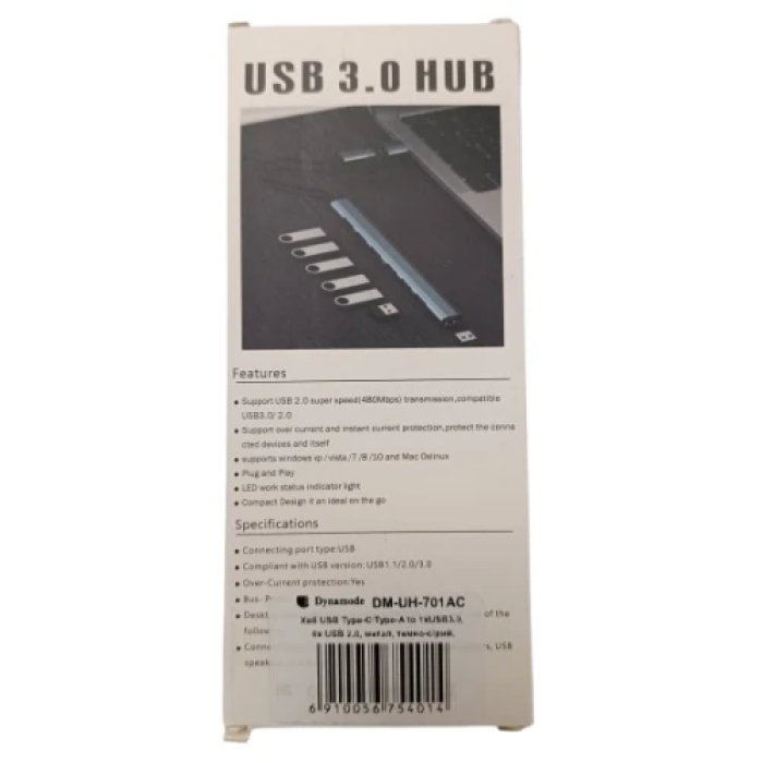 Хаб USB Dynamode "7-in-1", Grey, Type-C / USB 3.0 - 1xUSB 3.0 / 6xUSB 2.0, кабель 12 см, алюмінієвий корпус (DM-UH-701AC)