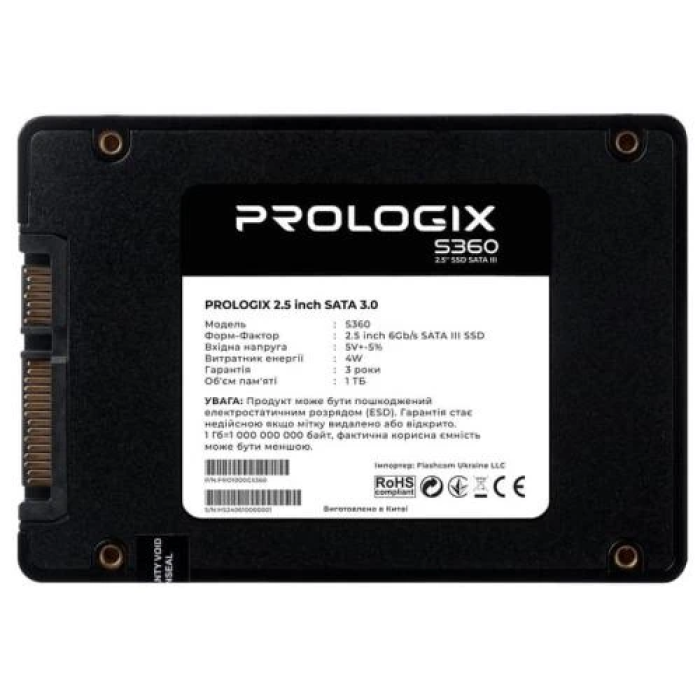 Твердотільний накопичувач SSD 1Tb, ProLogix S360, SATA3, 2.5", 3D TLC, 530/510 МБ/с (PRO1000GS360)