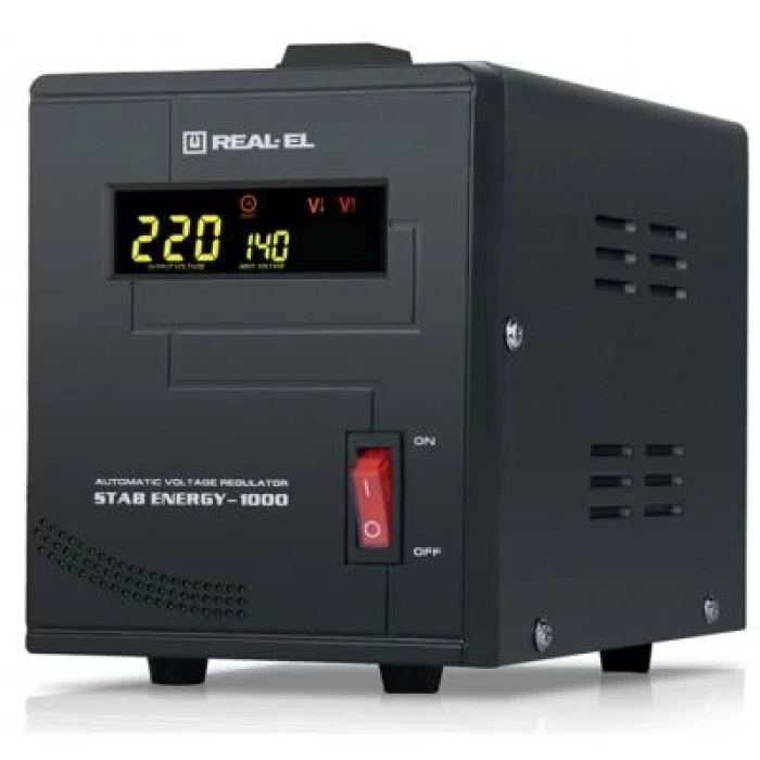 Стабілізатор REAL-EL STAB ENERGY-1000 Black, 1000VA, 800W, вхідна напруга 220V+/-20%, 1 розетка (Schuko), LED індикація