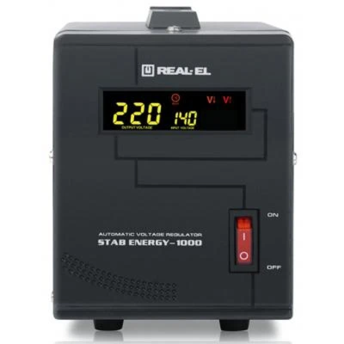 Стабілізатор REAL-EL STAB ENERGY-1000 Black, 1000VA, 800W, вхідна напруга 220V+/-20%, 1 розетка (Schuko), LED індикація