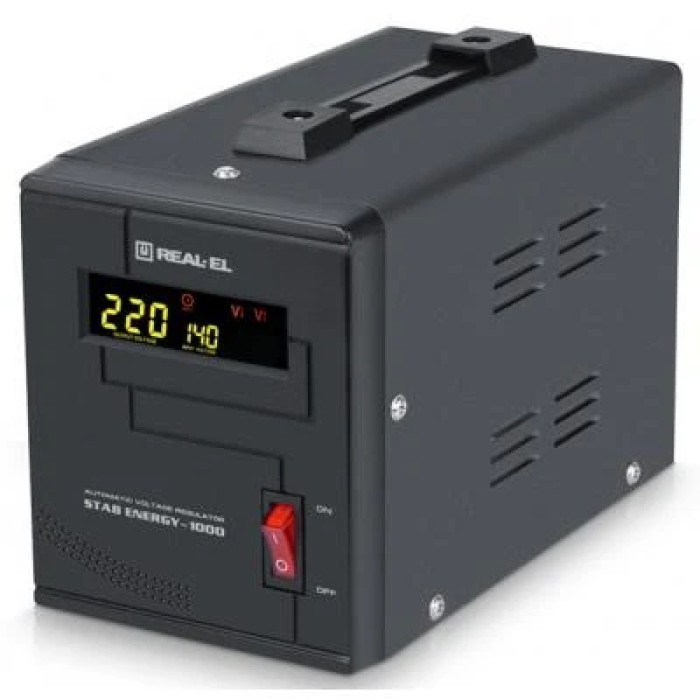 Стабілізатор REAL-EL STAB ENERGY-1000 Black, 1000VA, 800W, вхідна напруга 220V+/-20%, 1 розетка (Schuko), LED індикація