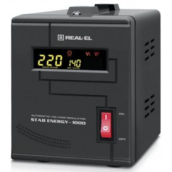 Стабілізатор REAL-EL STAB ENERGY-1000 Black, 1000VA, 800W, вхідна напруга 220V+/-20%, 1 розетка (Schuko), LED індикація