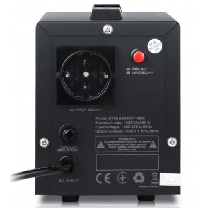 Стабілізатор REAL-EL STAB ENERGY-1000 Black, 1000VA, 800W, вхідна напруга 220V+/-20%, 1 розетка (Schuko), LED індикація