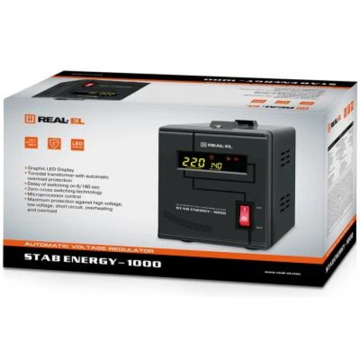 Стабілізатор REAL-EL STAB ENERGY-1000 Black, 1000VA, 800W, вхідна напруга 220V+/-20%, 1 розетка (Schuko), LED індикація