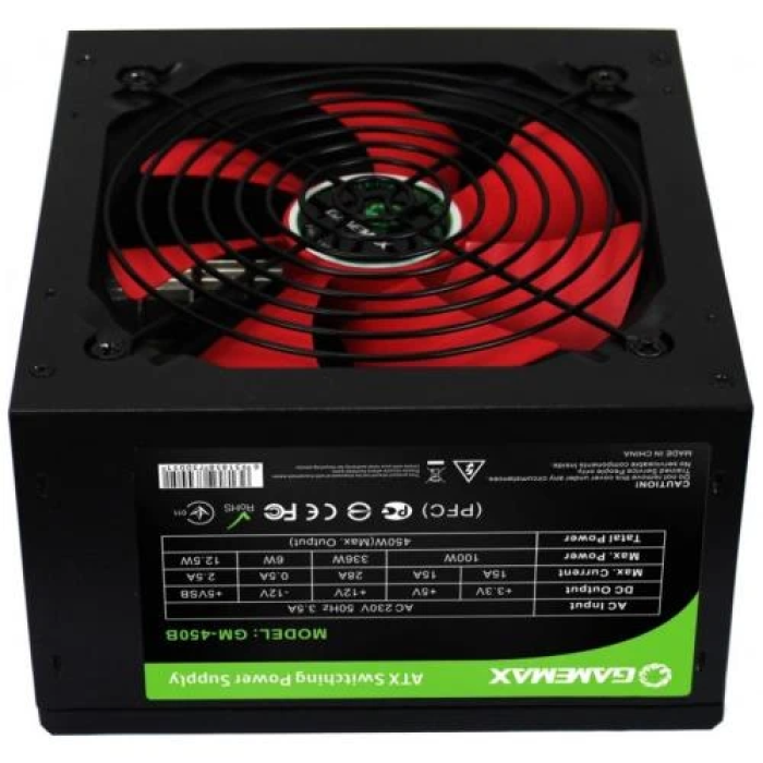 Блок живлення 450 Вт, GameMax GM-450B, Black, 12 см, 2xMolex / 2xSATA / 1x6+2-pin / 1x4+4-pin / 1x20+4-pin, захист OVP / UVP / SIP / OCP / OLP / OPP / SCP