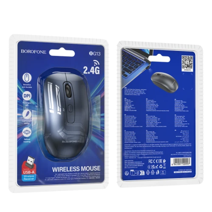 Миша бездротова Borofone BG13, Metal Grey, USB 2.4GHz, оптична, 800-1600 dpi, 4 кнопки, 1xAA
