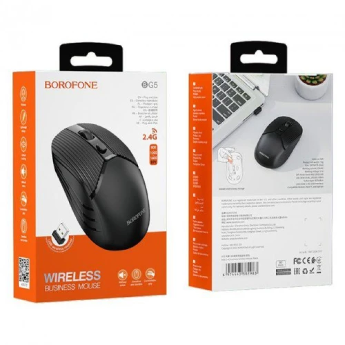Миша бездротова Borofone BG5, Black, USB 2.4GHz, оптична, 800-1600 dpi, 4 кнопки, 1xAA