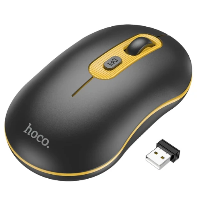 Миша бездротова Hoco GM21 "Platinum", Black/Yellow, USB 2.4GHz, оптична, 1000-1600 dpi, 4 кнопки, 1xAA