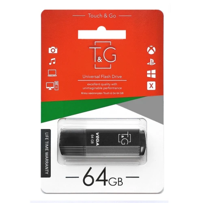 Флеш накопичувач USB 64Gb T&G Vega TG121, Black, USB 2.0 (TG121-64GBBK)