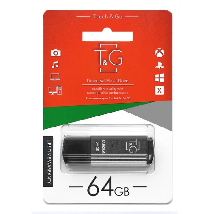 Флеш накопичувач USB 64Gb T&G Vega TG121, Grey, USB 2.0 (TG121-64GBGY)