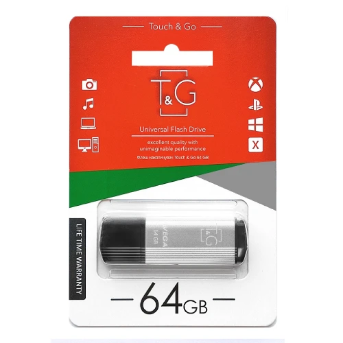 Флеш накопичувач USB 64Gb T&G Vega TG121, Silver, USB 2.0 (TG121-64GBSL)