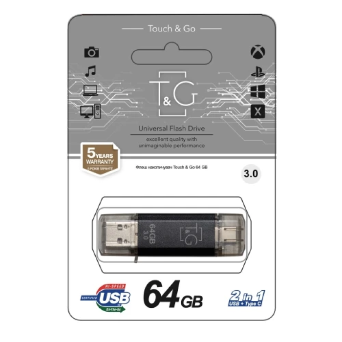 Флеш накопичувач USB 64Gb T&G Star TG009TC, Black, Type-C / USB 3.0 (TG009TC-64GBK3)