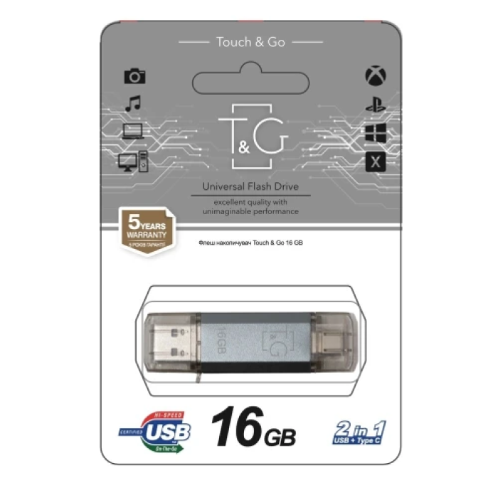 Флеш накопичувач USB 16Gb T&G Star TG009TC, Silver, Type-C / USB 2.0 (TG009TC-16GSL)
